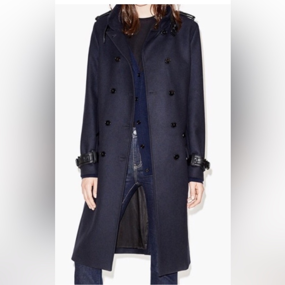 Kooples navy wool coat with black lambskin leather accents